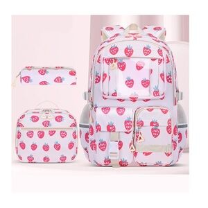 Strawberry print 3-in-1 School Backpack Set, Waterproof Bookbag